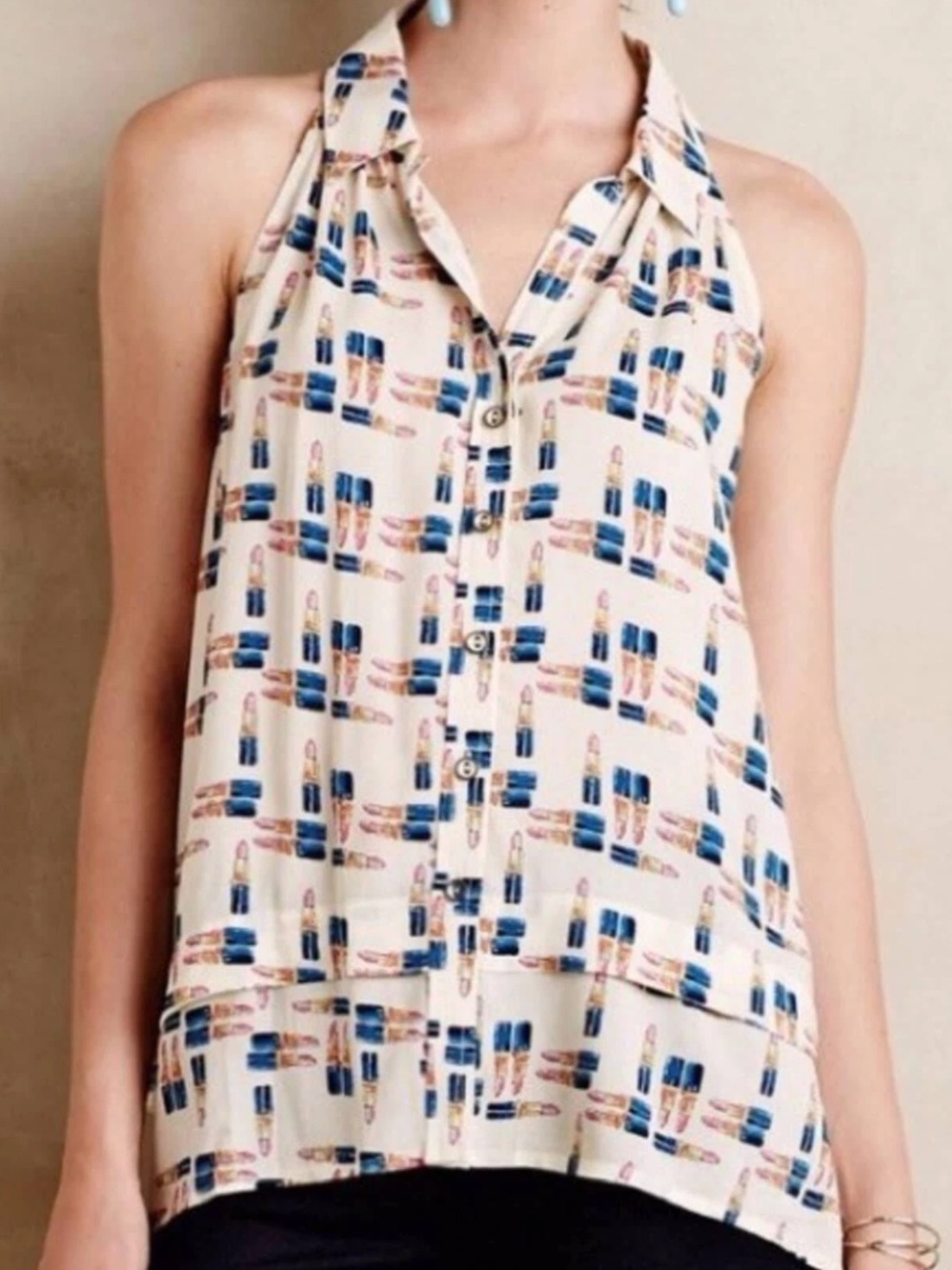 Maeve by Anthropologie LIPSTICK Sleeveless Tank Top Button-Front Rayon Blouse